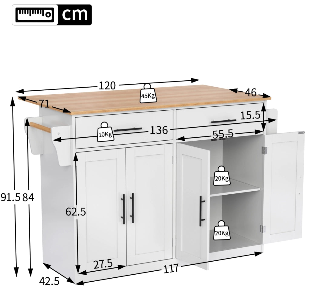 Carrello cucina multifunzione con piano ribaltabile 120x46(70)x91;5 cm; bianco e naturale