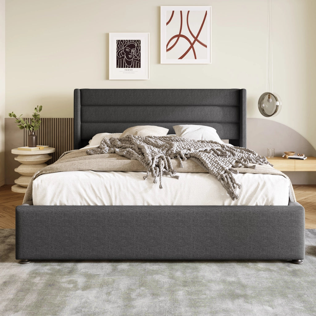 Letto Contenitore 160x200 cm; Letto Matrimoniale con Box Contenitore e Testiera Imbottita; in Lino; Grigio
