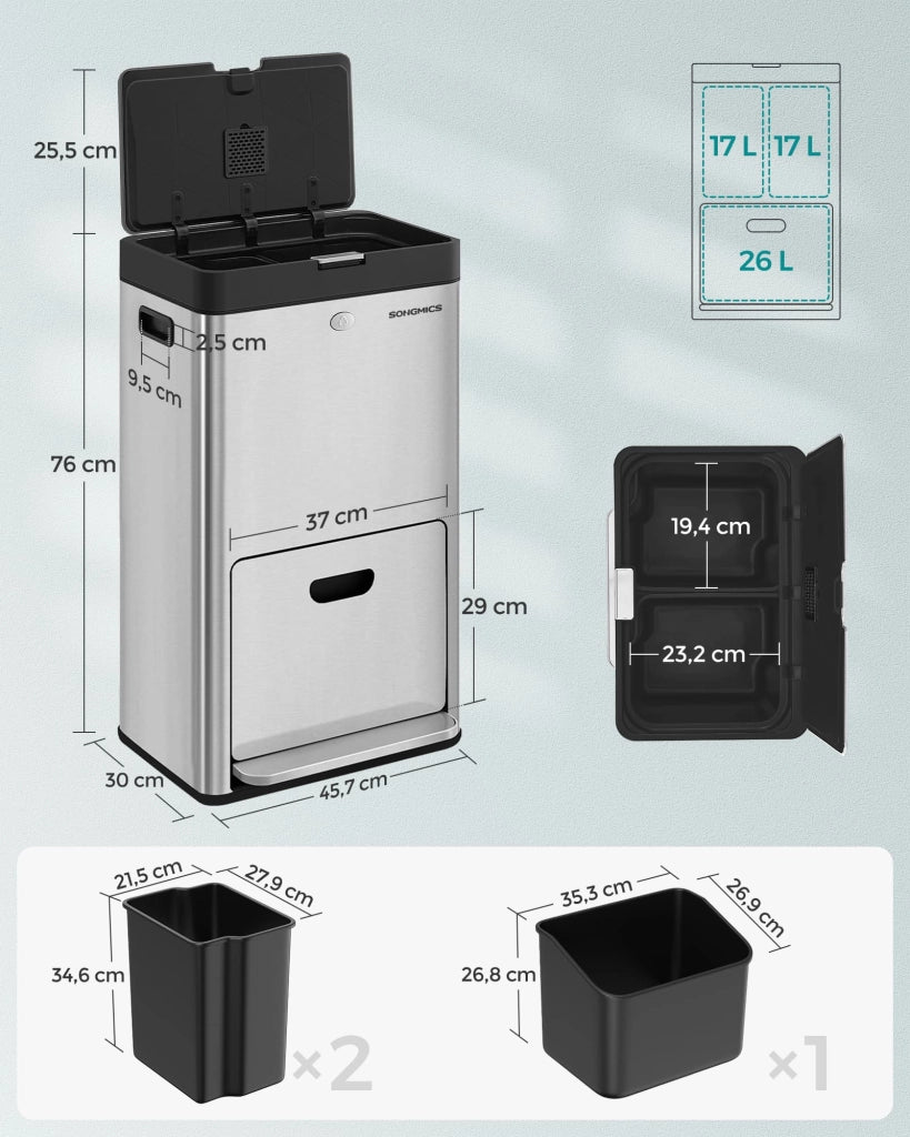 Pattumiera da cucina con capacità di 2 x 17 litri e 26 litri 3 scomparti per rifiuti domestici rifiuti alimentari e materiali riciclabili filtro al carbone pedale larga argento 12_0007244
