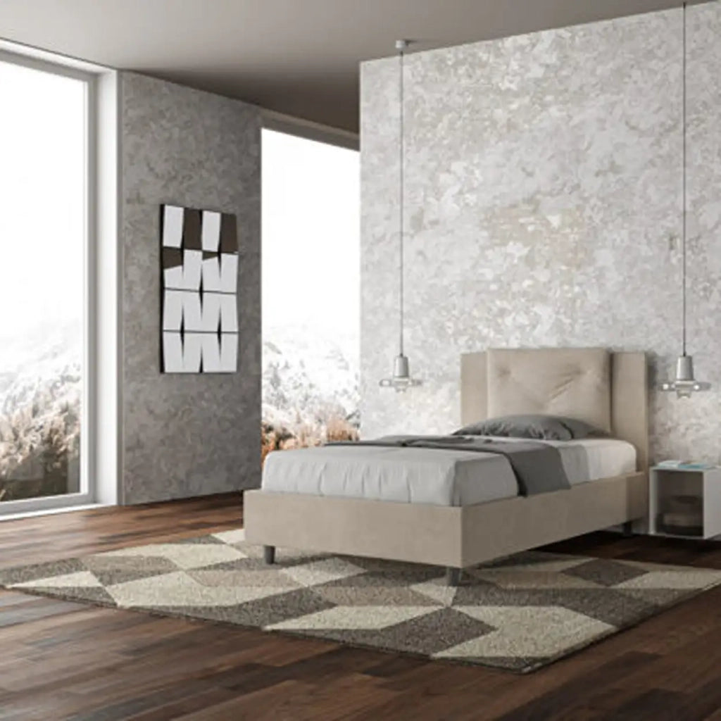 Letto una piazza e mezza con rete imbottito 120x190 microfibra sabbia Appia