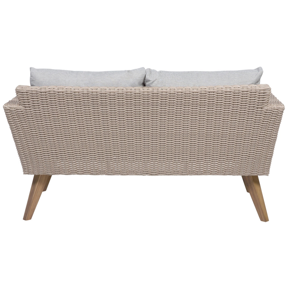 Set Esterno Rattan di colore Marrone Divanetto 2 Poltrone Tavolino Cuscini Grigi terrazzo giardino