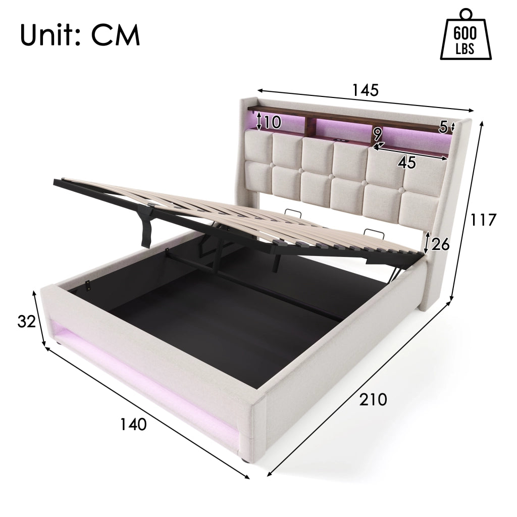 LETTO Imbottito 140x200 cm Beige con USB, LED e rete sollevabile