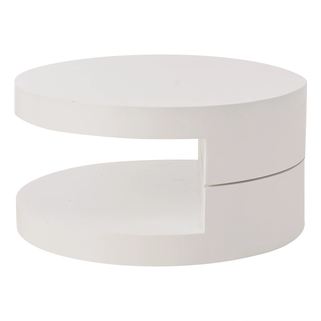 Tavolino da caffè rotondo 70x70x35,5 cm girevole a 360° con LED, struttura a doppio livello, MDF, bianco