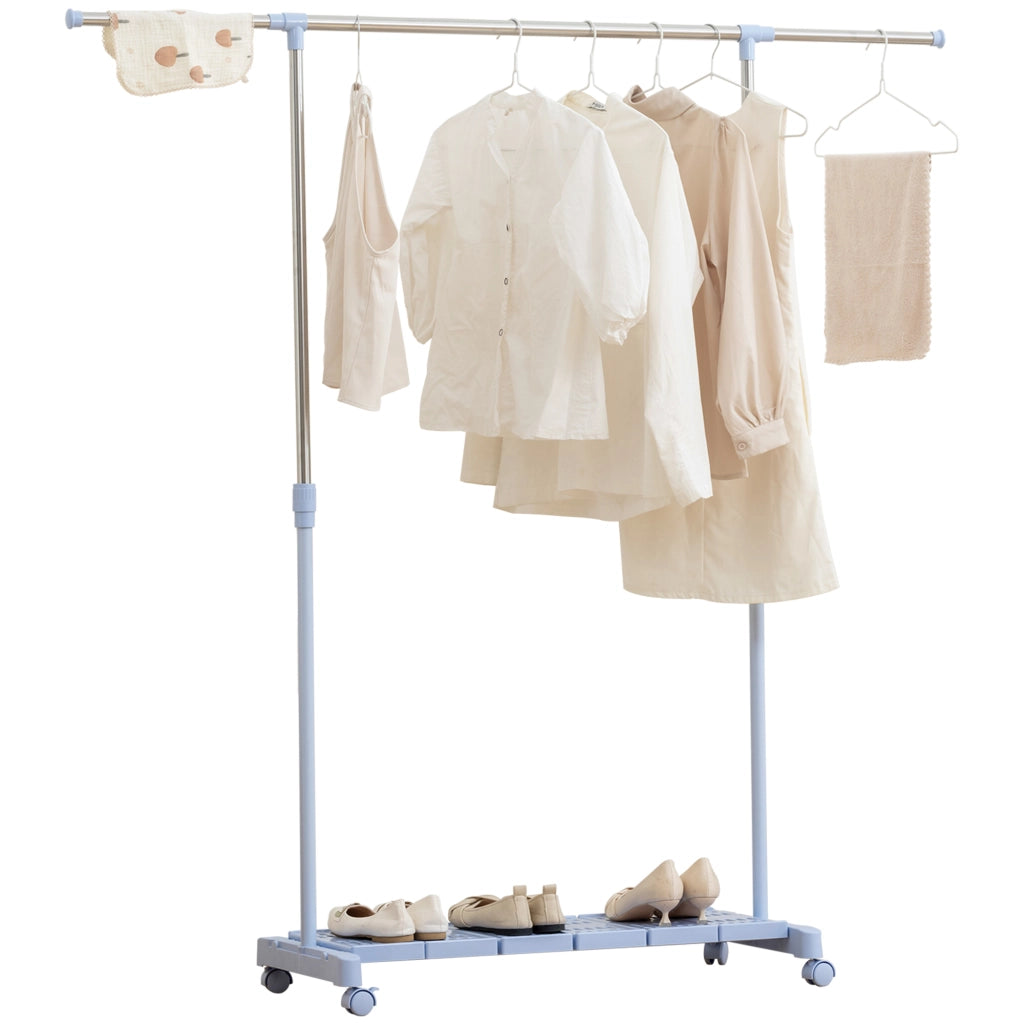 Appendiabiti Estensibile con Ruote e Ripiano per Scarpe ¨C Zephmum ¨C 159x42x168 cm Blu e Argento