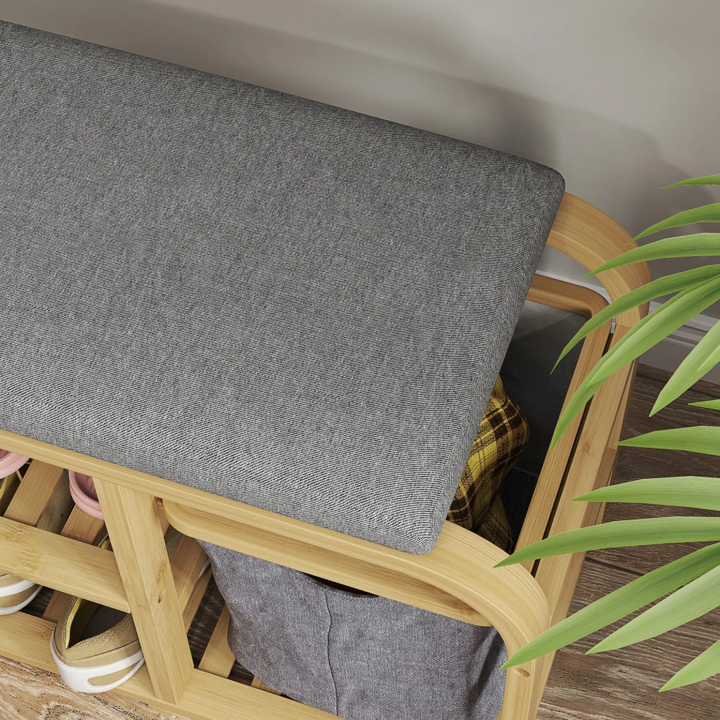 Panca portascarpe con cuscino ¨C Xylo ¨C legno naturale, 2 ripiani e cestino, 70x30x45cm