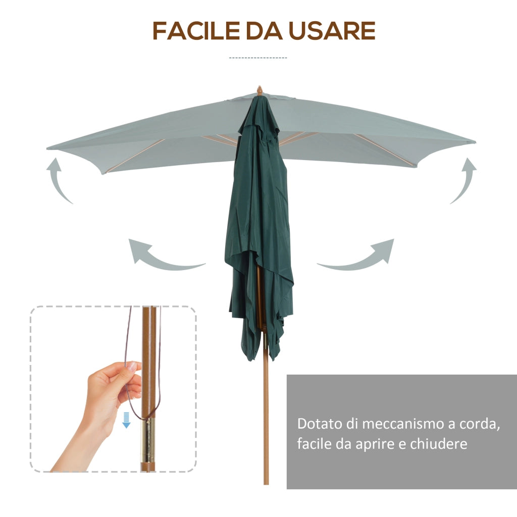 Ombrellone 2x3 m da Giardino in Legno Laccato e Bamb¨´ con Copertura Rimovibile, Verde Scuro