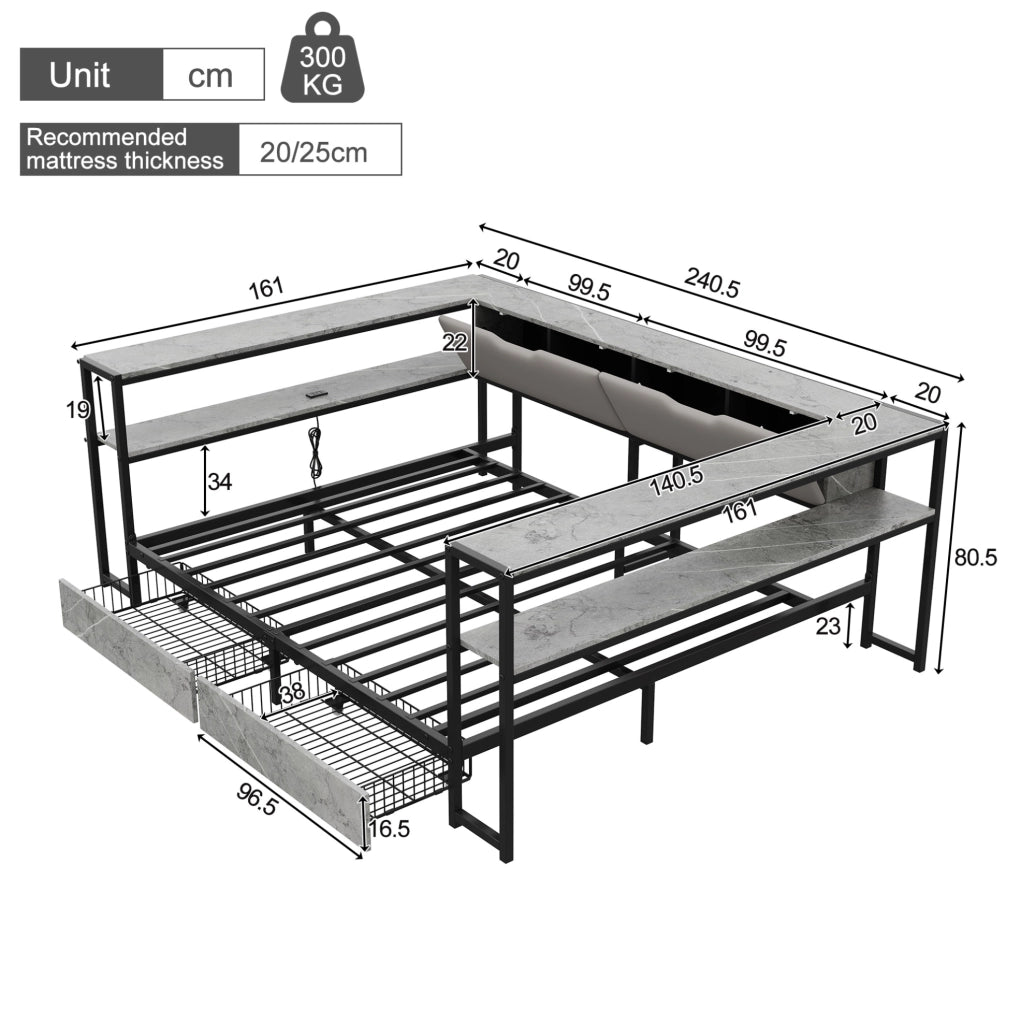 Letto imbottito 140x200 con USB, Type-C, 2 cassetti e vani contenitivi