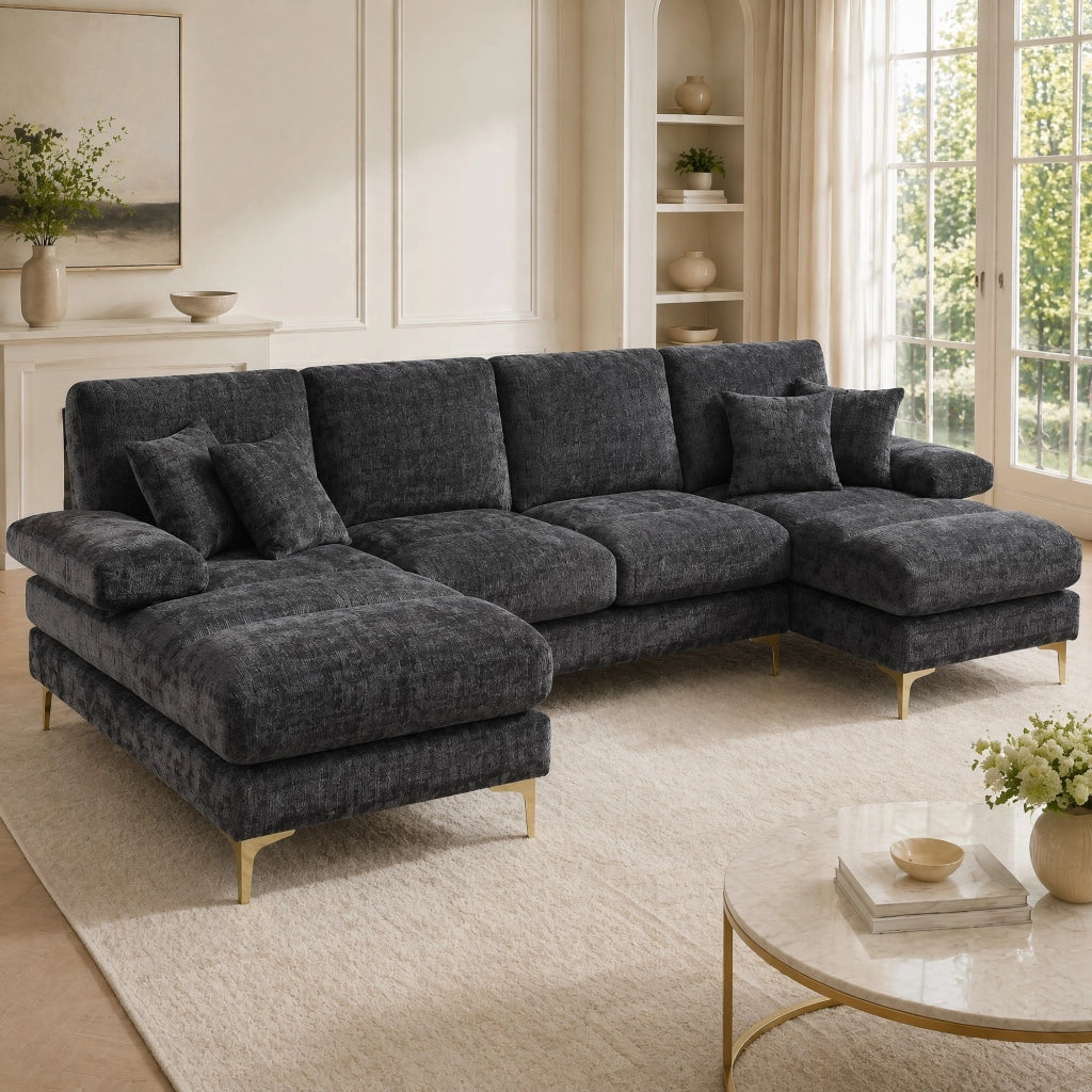 Divano angolare a U con doppia chaise longue 272x136x88 cm in chenille grigio