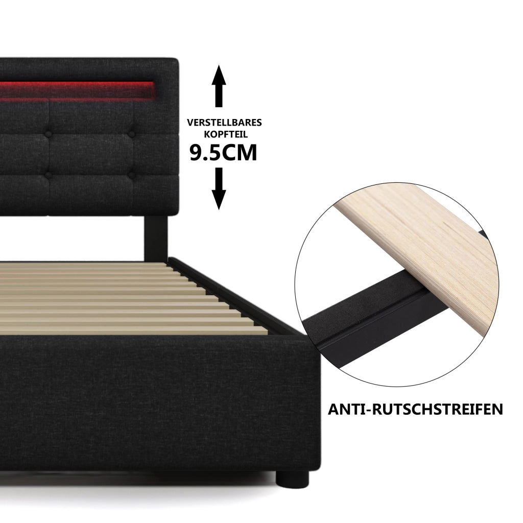 OKWISH Letto Singolo 90×200 cm con 2 Cassetti, Testiera Regolabile e LED, senza Materasso, in Lino, Nero