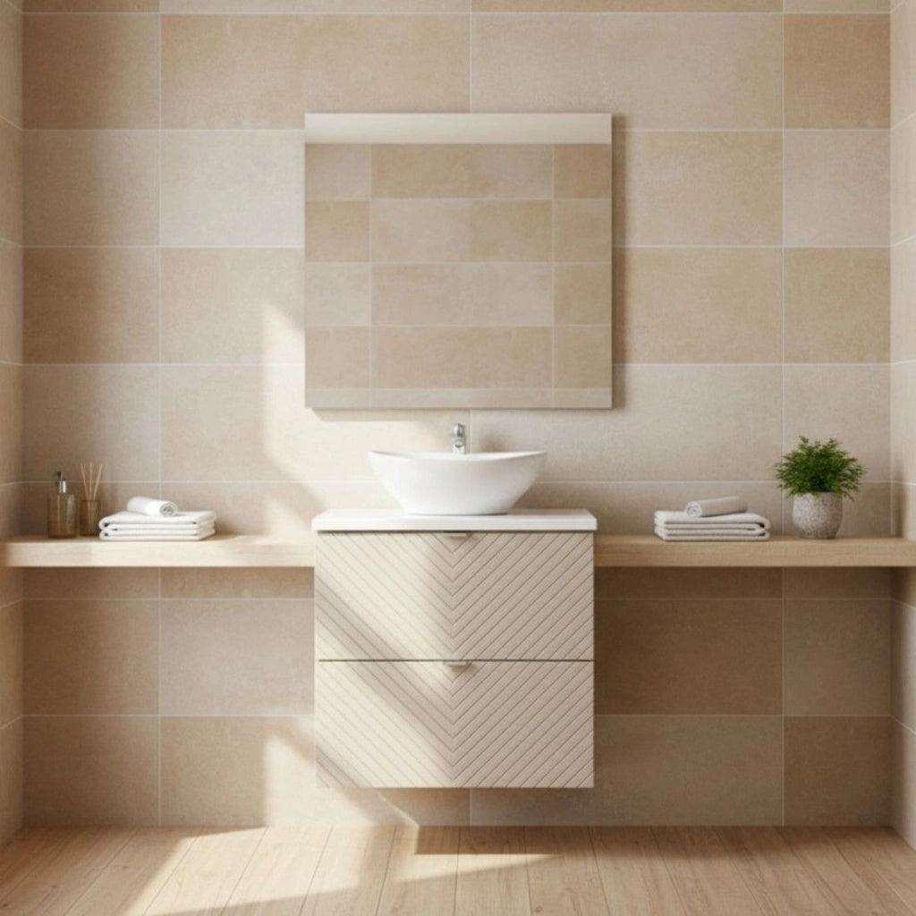 Set bagno AOKI: mobile sottolavabo con cassetti 60cm + piano lavabo bianco + lavabo bianco rotondo da appoggio