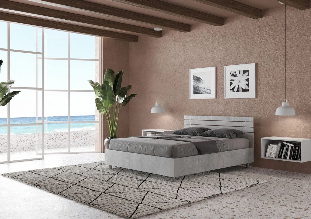 BS COM Letto matrimoniale francese contenitore 140x200 testata dritta con doghe cemento