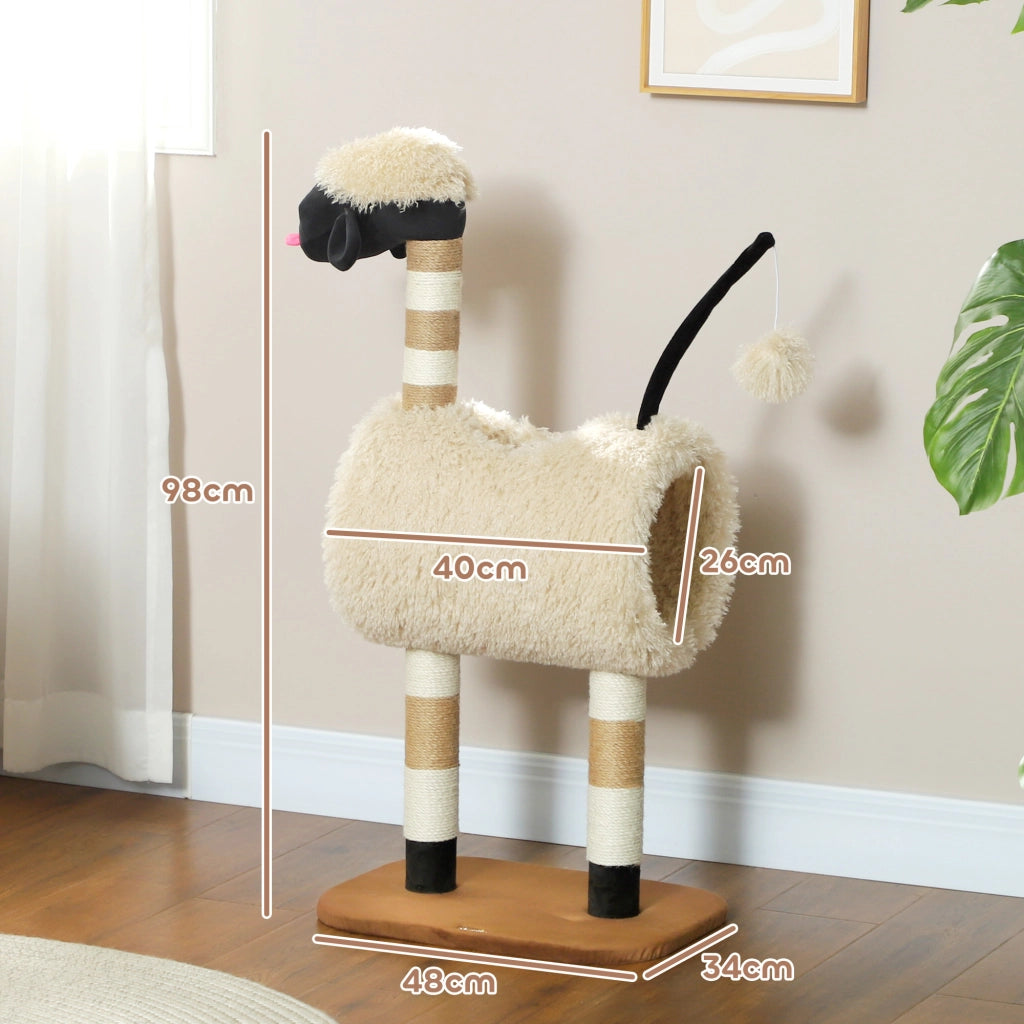 Tiragraffi per Gatti a Forma di Pecora ¨C Xylo ¨C con Palo, Tunnel e Giocattoli, 98cm, Beige Chiaro