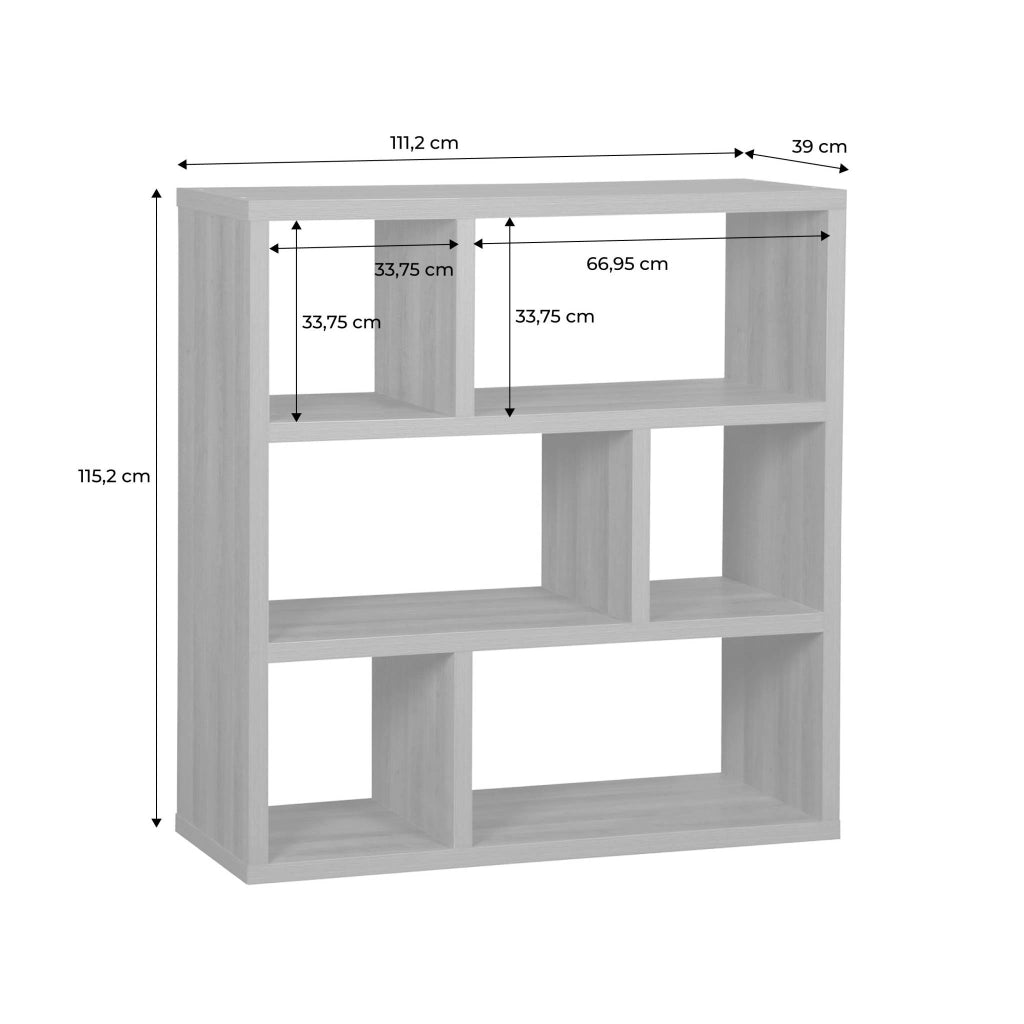 Libreria asimmetrica a 3 livelli con 6 vani, effetto legno miele