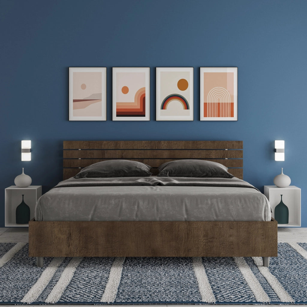 BS COM Letto matrimoniale contenitore doppia alzata 160x200 testata dritta con doghe noce