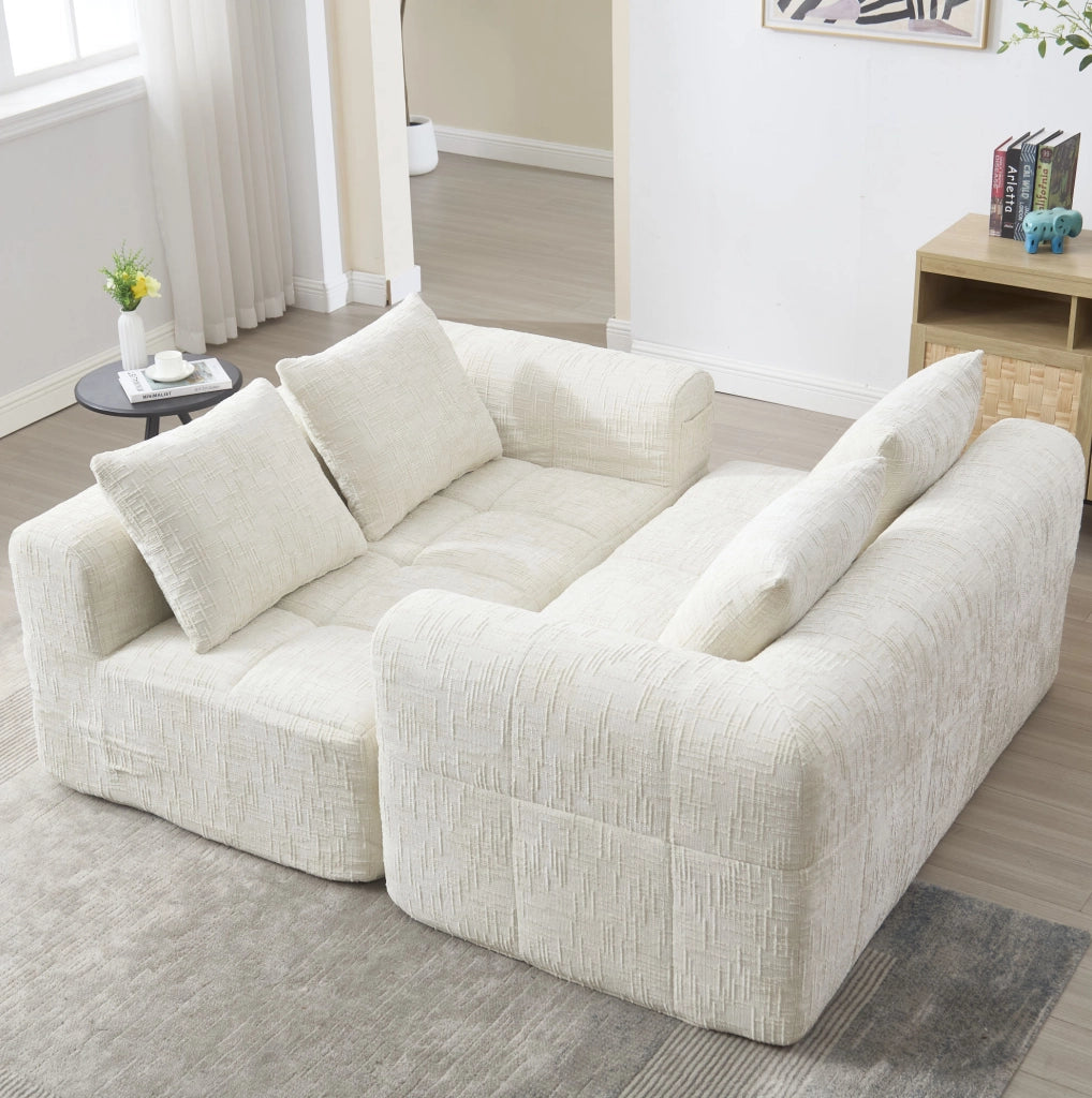 Divano con chaise longue in chenille beige 158x90x60 cm; con tasche laterali e cuscino