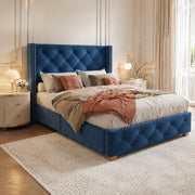LETTO imbottito 90x200 cm in velluto blu con rete a doghe
