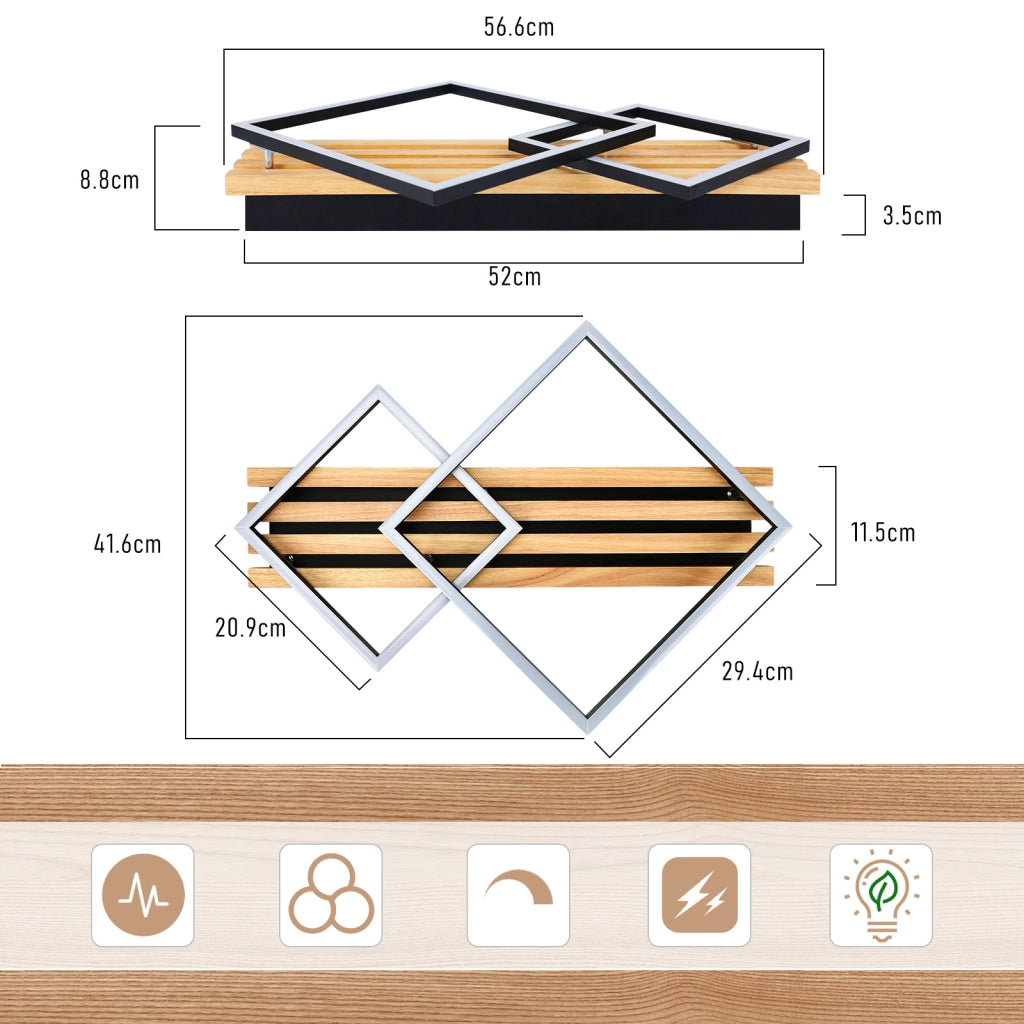 ZMH Lampada da soffitto LED in legno dimmerabile 55 cm 36W design geometrico quadrato con telecomando per camera letto