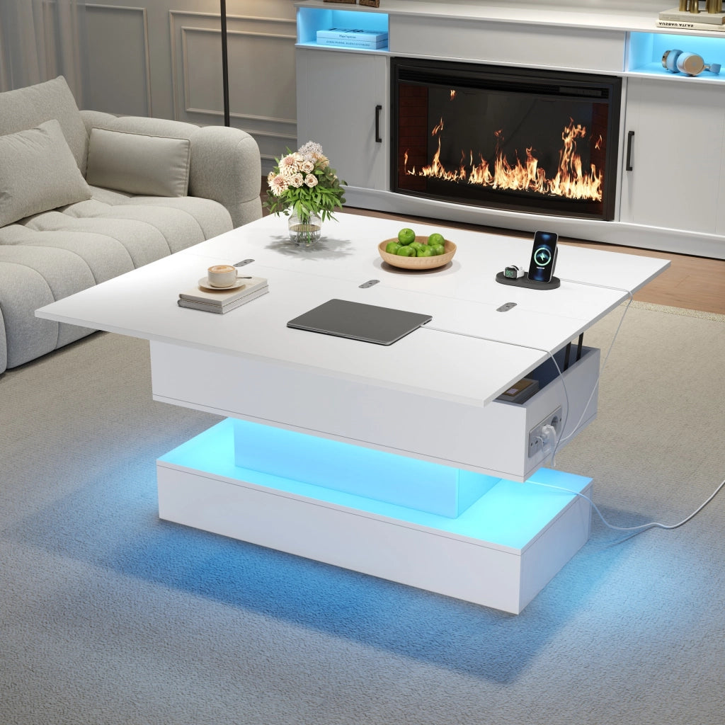 Tavolino da caffè alzabile con LED e vano contenitore - per soggiorno - in truciolare - 100x50x51.5 cm - bianco