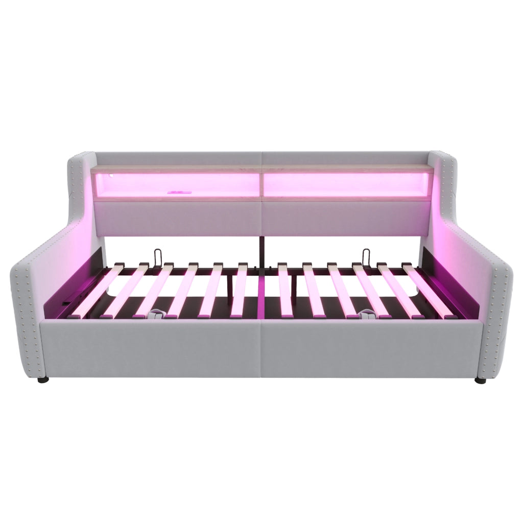 Letto singolo 90×200 cm con contenitore; LED; ripiano; USB e Type-C; senza materasso; velluto; grigio chiaro