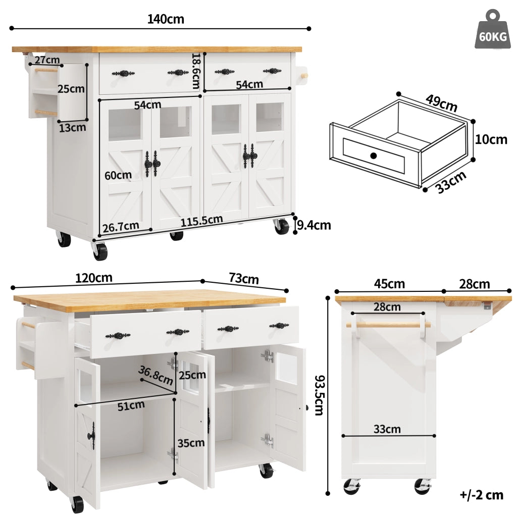 Carrello da cucina con cassetto; ripiani regolabili e 5 ruote con freno per cucina e soggiorno; bianco