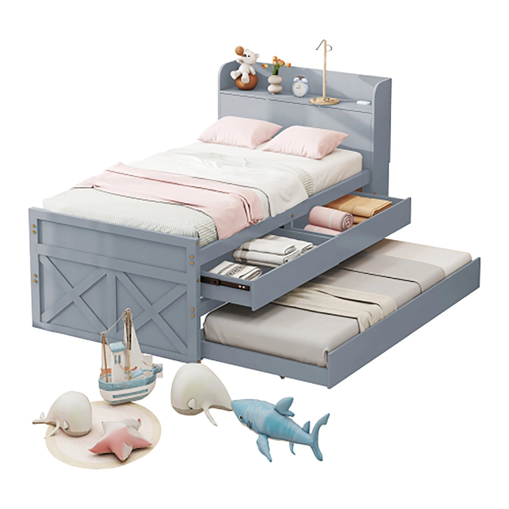 Letto singolo in legno massello di pino - Xylo - 90x190 - Grigio - 2 cassetti e USB