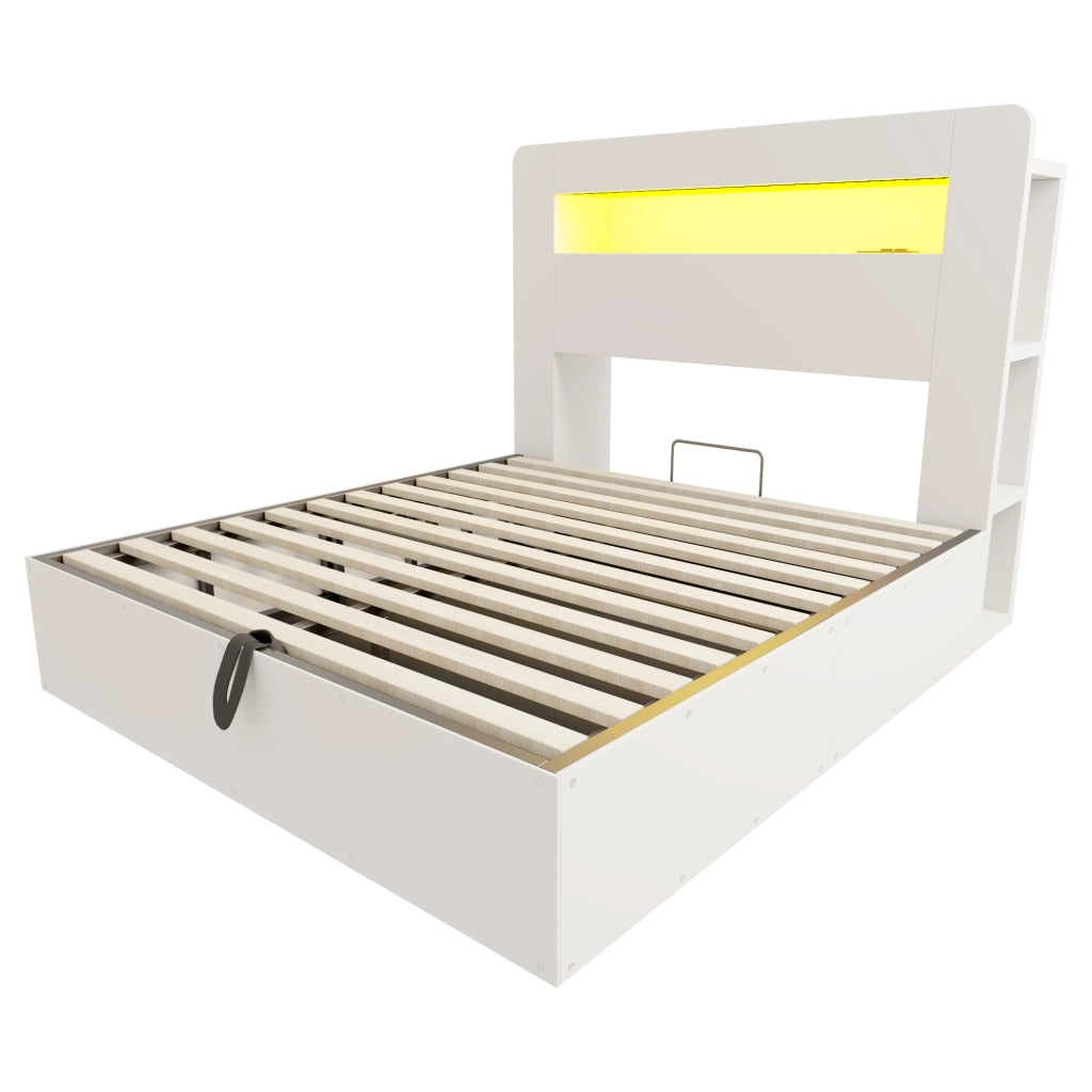 Letto contenitore matrimoniale 140×200 cm e 180×200 cm con LED; prese e ripiani; senza materasso; legno; bianco