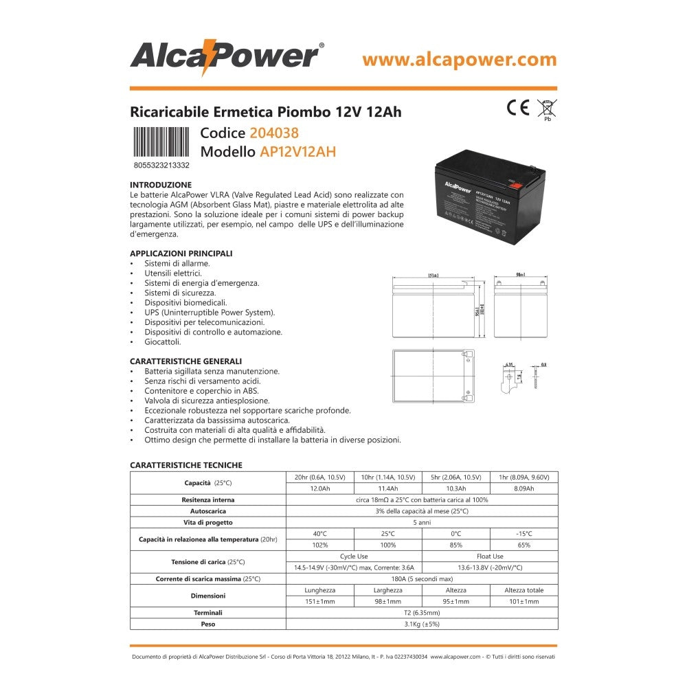 Alca power batteria al piombo da 12v 12ah ricaricabile per ups e illuminazione di emergenza