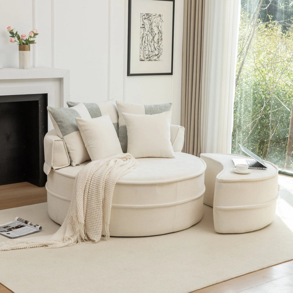 Poltrona con poggiapiedi rotonda con 5 cuscini e seduta profonda sfoderabile in chenille - beige