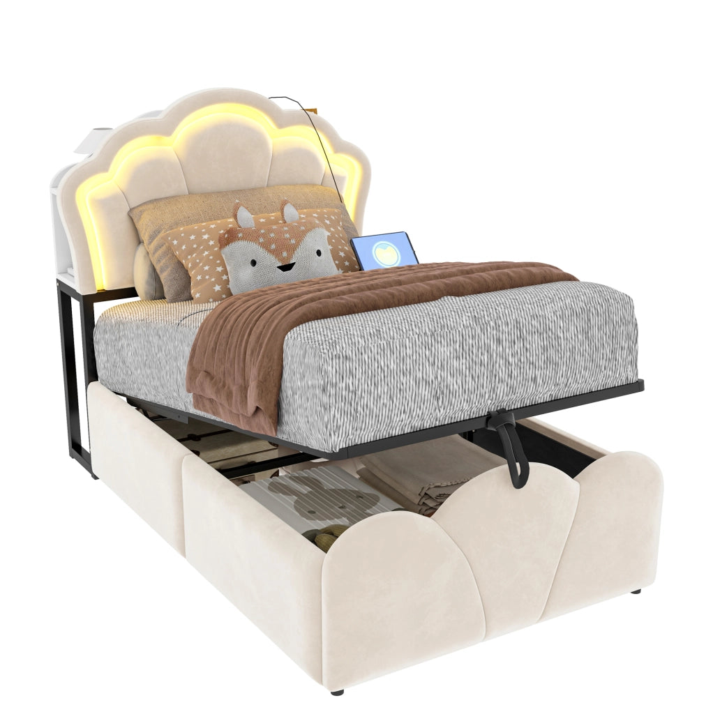 Letto imbottito 90x200 cm con vano contenitore idraulico e LED beige