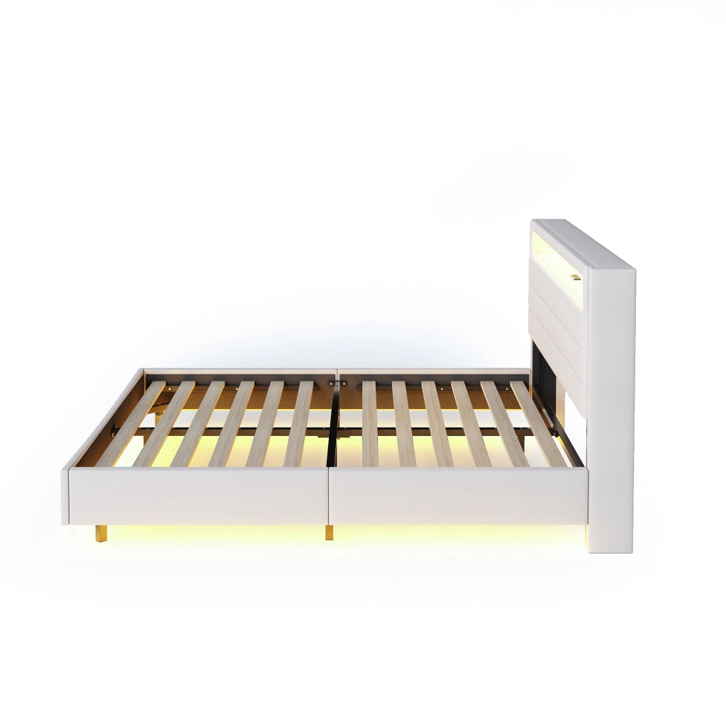 DESMIU Letto matrimoniale 160 × 200 cm con USB, LED regolabile, testiera reversibile e vano, senza materasso, beige