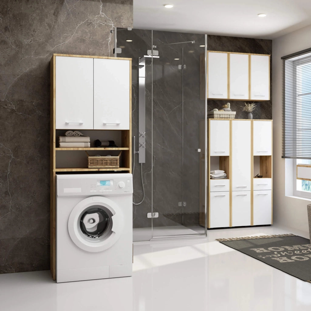 Colonna da bagno AKORD FIN per incasso di una lavatrice Quercia Artisan 64 cm 2 ante inserto frontale Bianco 64x30x180 cm