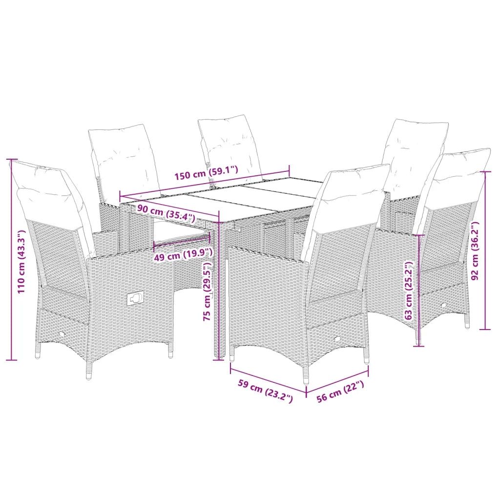 Set da Pranzo da Giardino 7 pz con Cuscini in Polyrattan Grigio