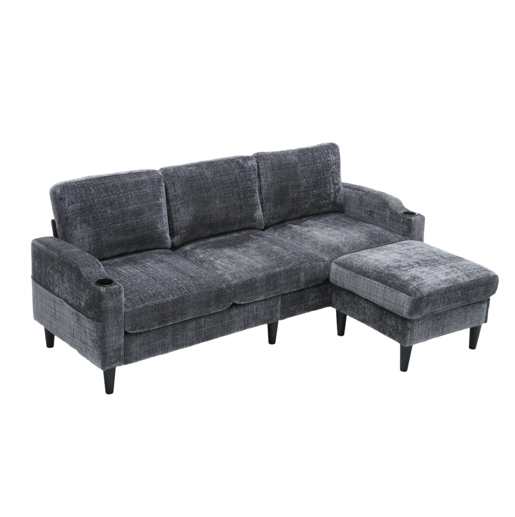Divano 4 posti con pouf contenitore; rivestimento in chenille grigio; 196;5 cm