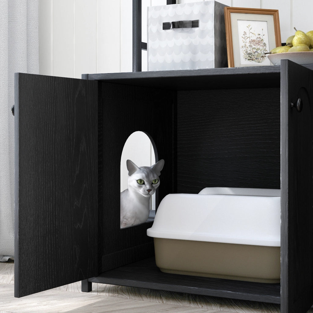 MOBILETTO LETTIERA per gatti con scaffali 3 livelli, nero, MDF e metallo