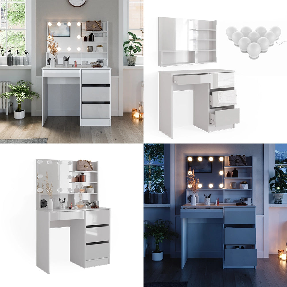 Vicco Tavolo da toeletta Bianco 90 cm con illuminazione a LED e ripiano a specchio