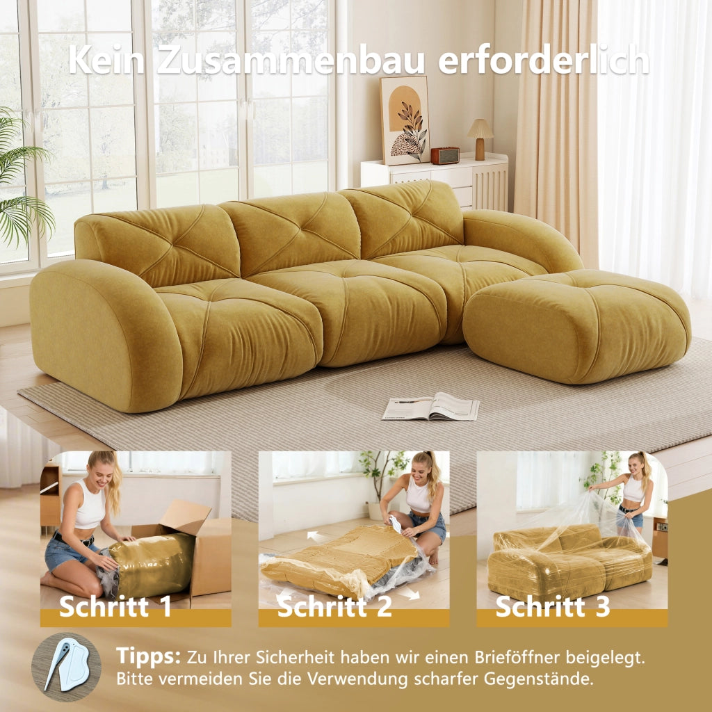 Divano modulare a L con pouf - in chenille con schiuma 32D e base antiscivolo - giallo