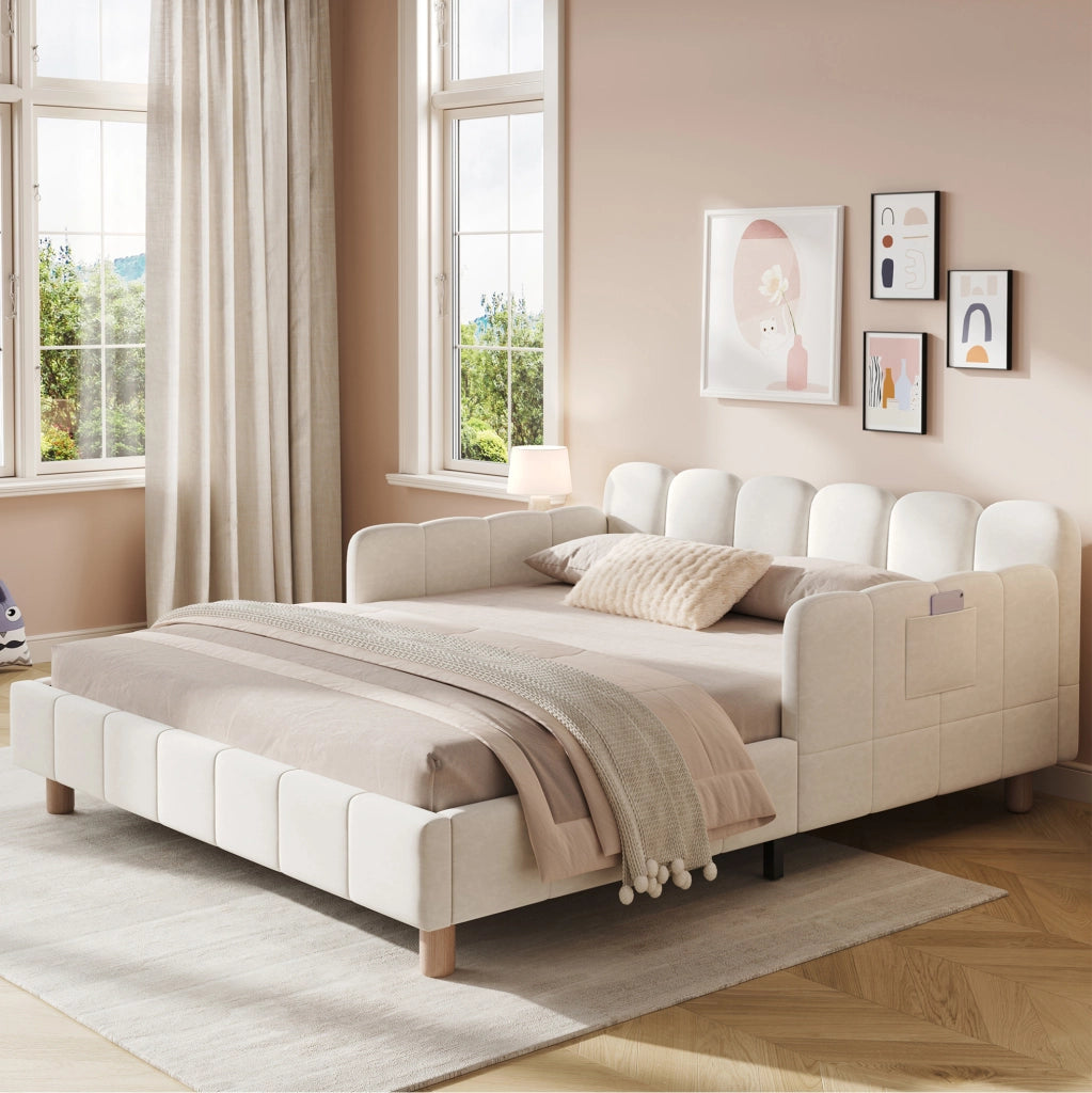 Lettino bambino 140x190 cm in velluto beige con testiera imbottita e barriera di sicurezza