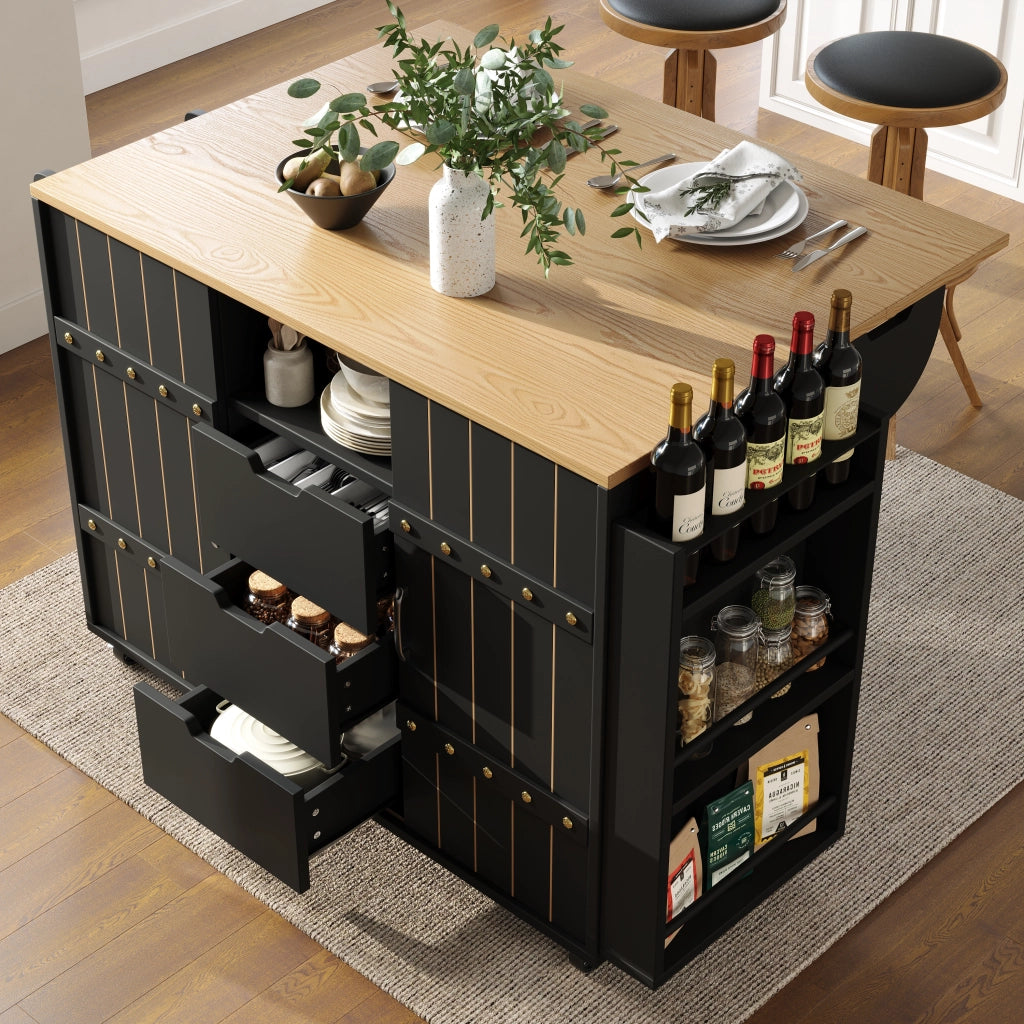 OKWISH Carrello da Cucina con 2 Ante Scorrevoli e 3 Cassetti, Piano Ribaltabile, Portasciugamani e Ruote, 110 × 42 × 90 cm