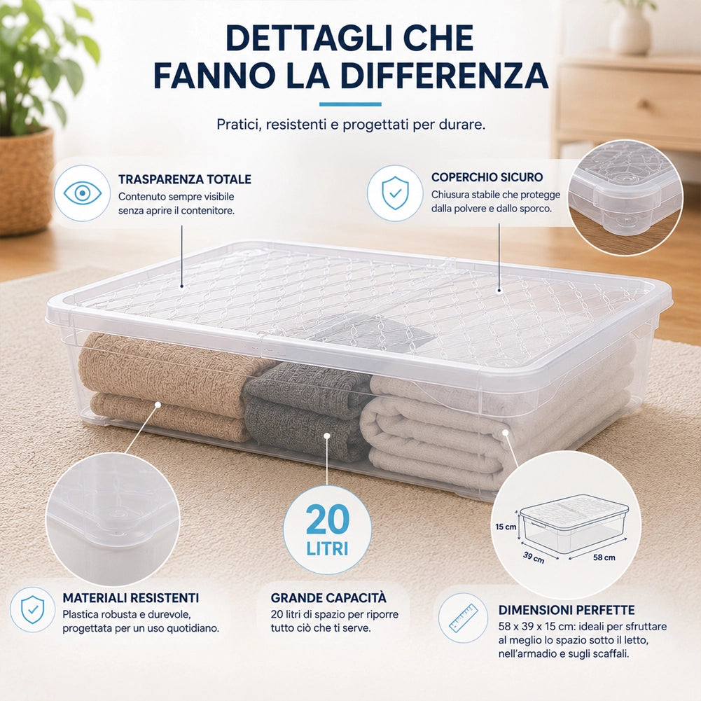 Set 4 Pezzi Contenitori con Coperchio 58x39x15 cm Storage Box Marea Capienza 20L in Plastica Trasparente