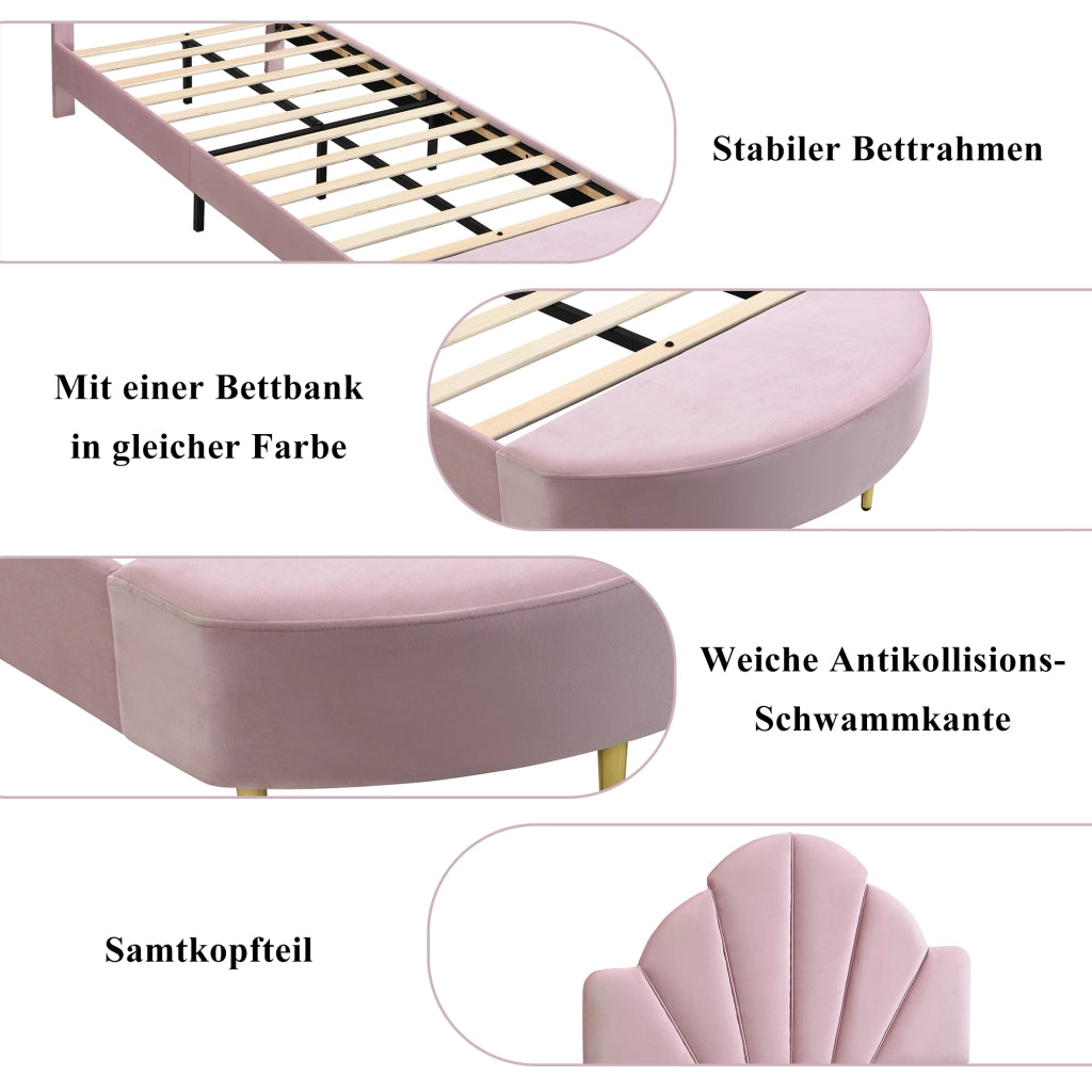 DESMIU Letto singolo 90 × 200 cm con panca coordinata, testiera in velluto, senza materasso, rosa