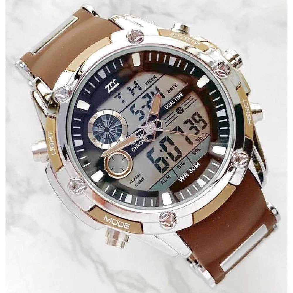 Trade Shop - Orologio Polso Zcc 1313 Uomo Quarzo Dual Time Multifunzione Marrone Nero Silver -