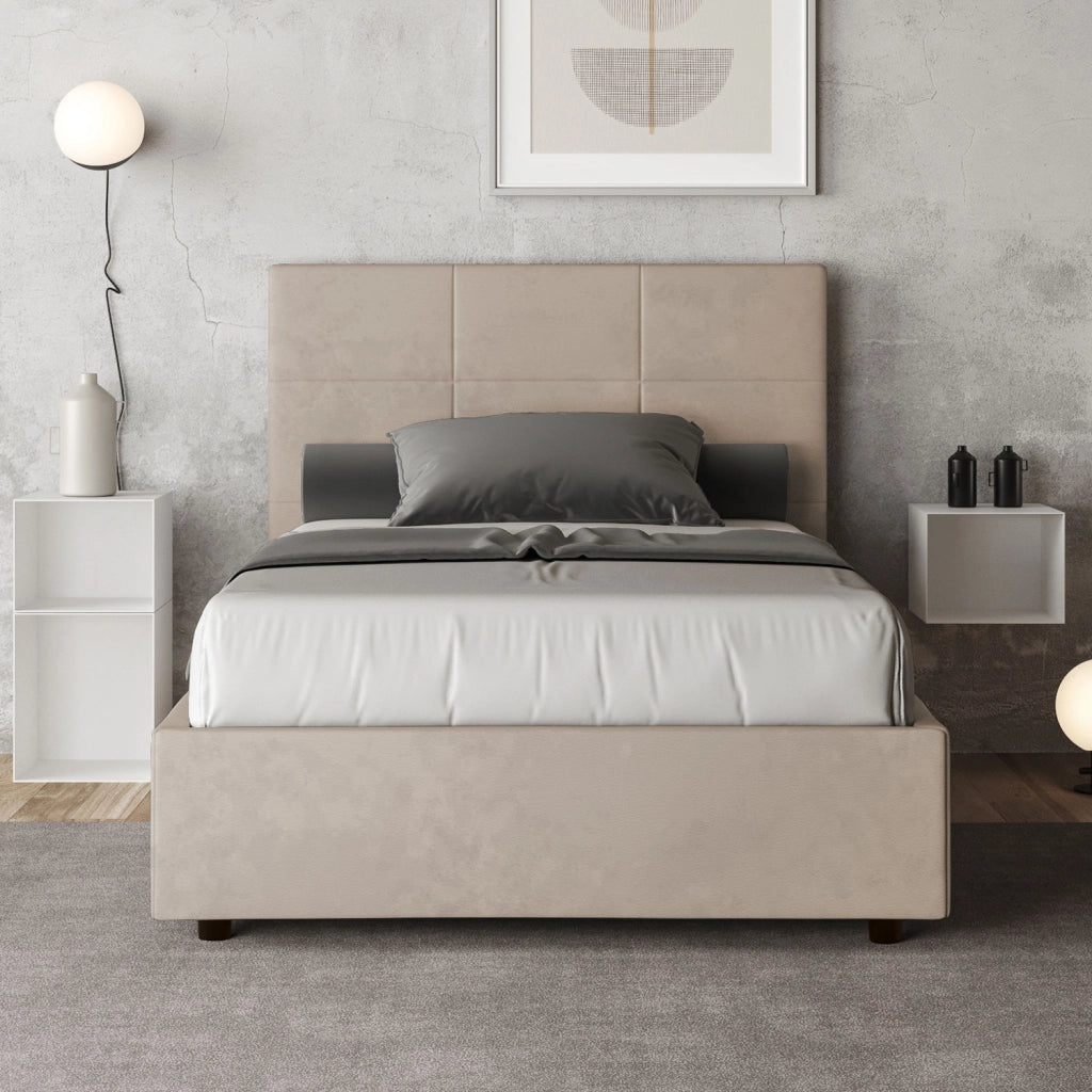 BS COM Letto una piazza e mezza contenitore imbottito 120x210 microfibra sabbia