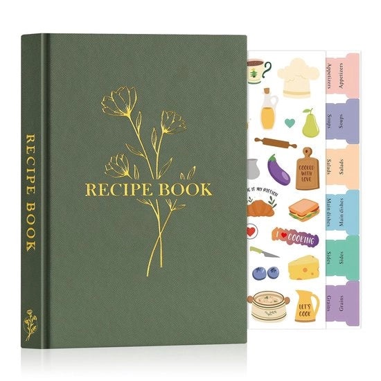 Libretto di Ricette A5 - Cucina Blanco - Copertina in Pelle - Impermeabile - 70 Ricette - Etichette per Organizzazione - Giornale di Cucina