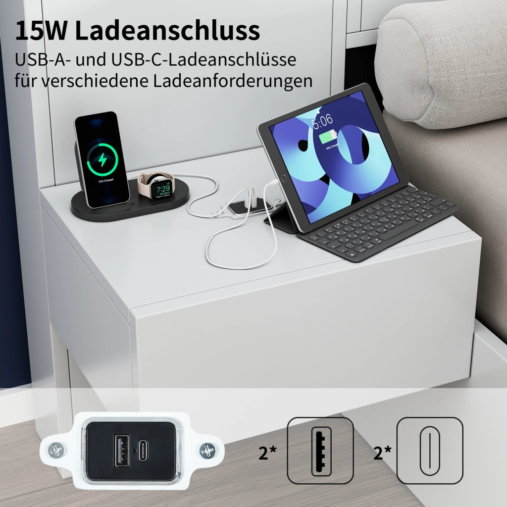 Letto adulto 180 × 200 cm; letto matrimoniale con USB-A; USB-C; orologio; altoparlanti e LED; senza materasso