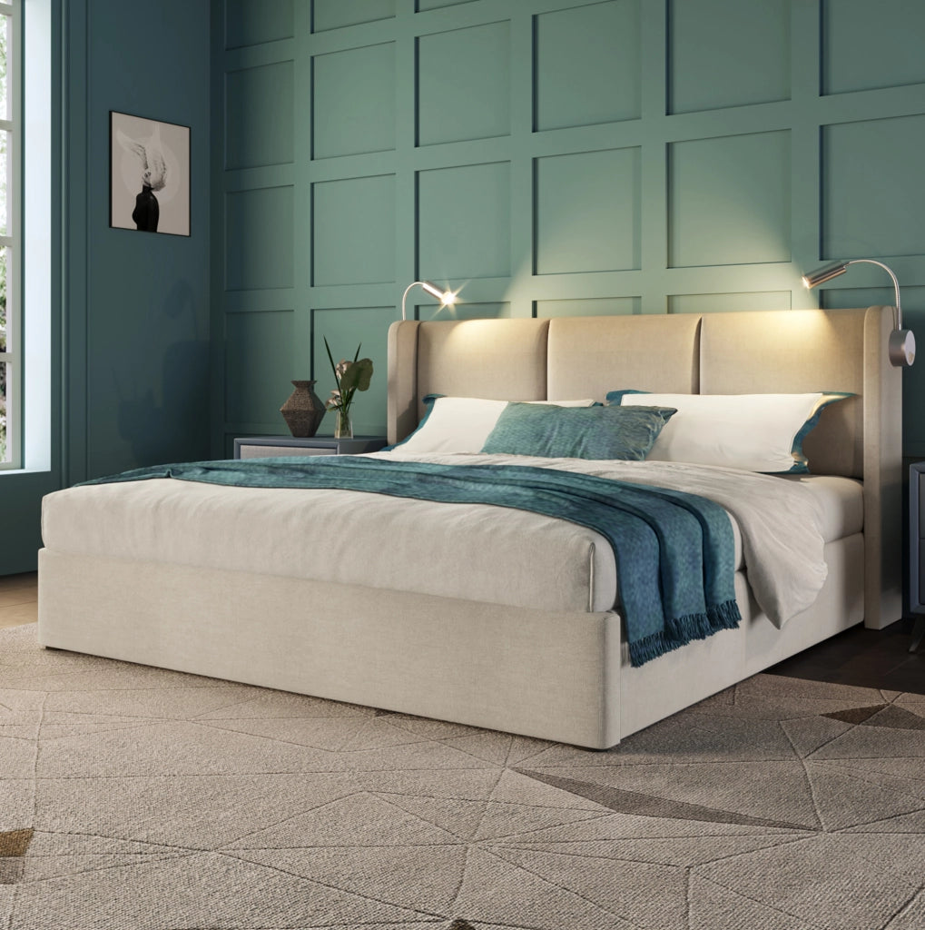 Letto 180x200 cm con contenitore; luce da lettura e ricarica USB in lino beige
