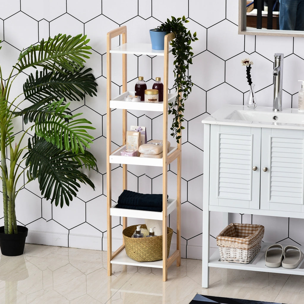 Etagere per Bagno in Bambu con Cestini ¨C Minimal ¨C 32x30x130 cm Bianco Beige