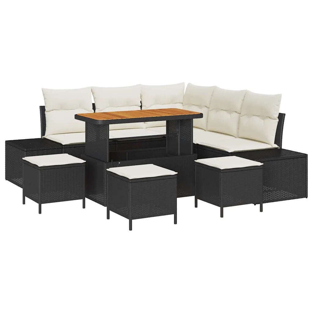 Set Divano da Giardino con cuscino 9 pcs Nero Poly Rattan