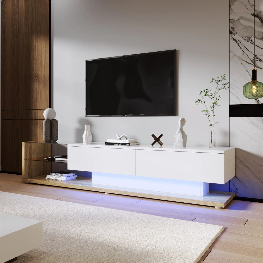 Mobile TV LED con 2 cassetti e 2 ripiani in vetro, finitura bianco lucido effetto legno, per soggiorno, 170 × 36 × 38 cm