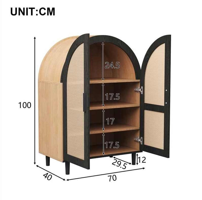 Scarpiera 70x40x100 cm con ripiani regolabili e ante in rattan MDF; pannello truciolare naturale e nero