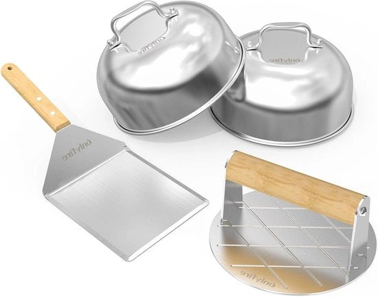 Set di accessori barbecue in acciaio inossidabile - 4 pezzi - set di utensili per barbecue - spatola per barbecue - pressa per smash burger - 2 cupole per fusione - accessori per barbecue - hamburger - paste - steak di pancetta pressa per smash burger